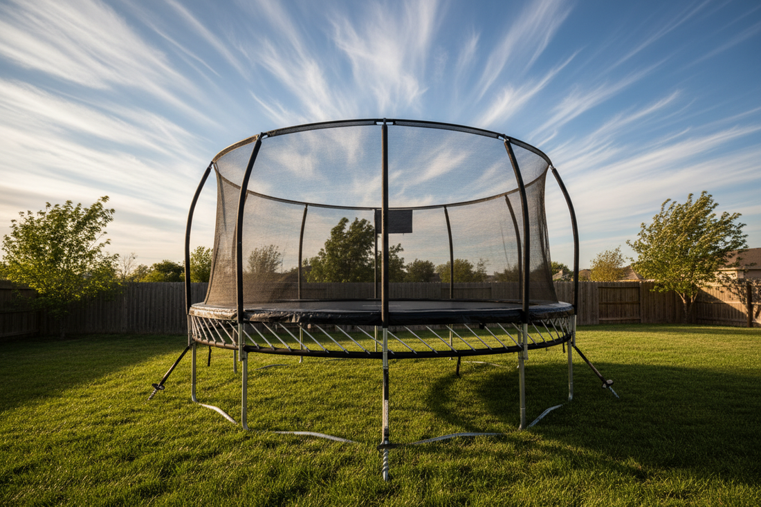 Trampoline securely anchored in backyard during windy conditions with safety stakes