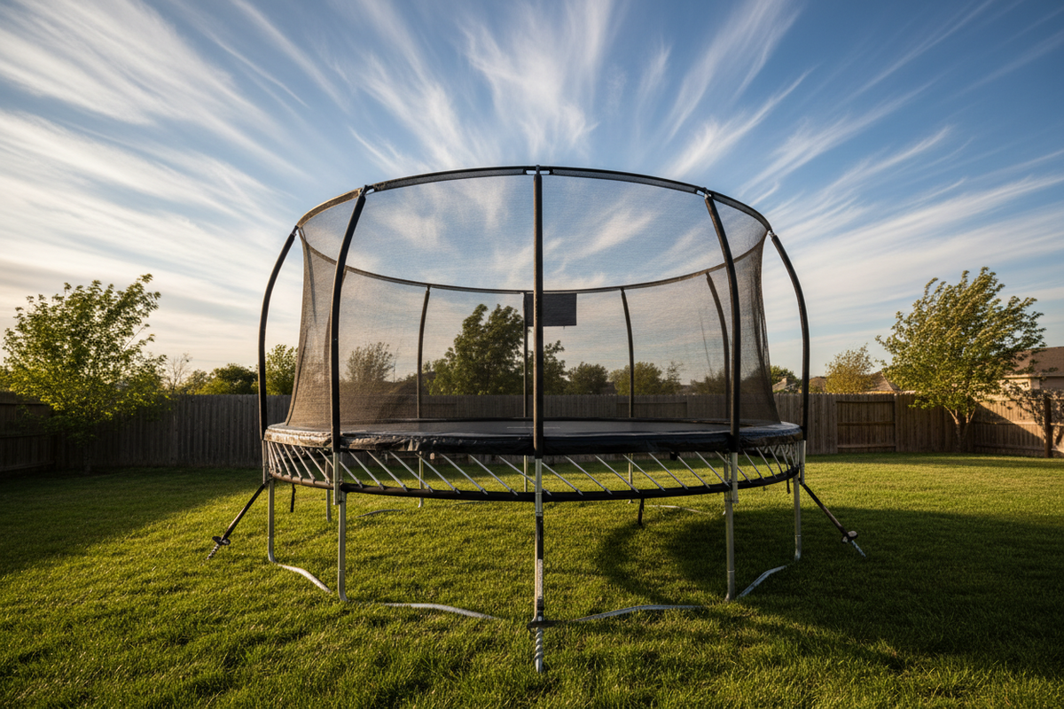 Trampoline securely anchored in backyard during windy conditions with safety stakes