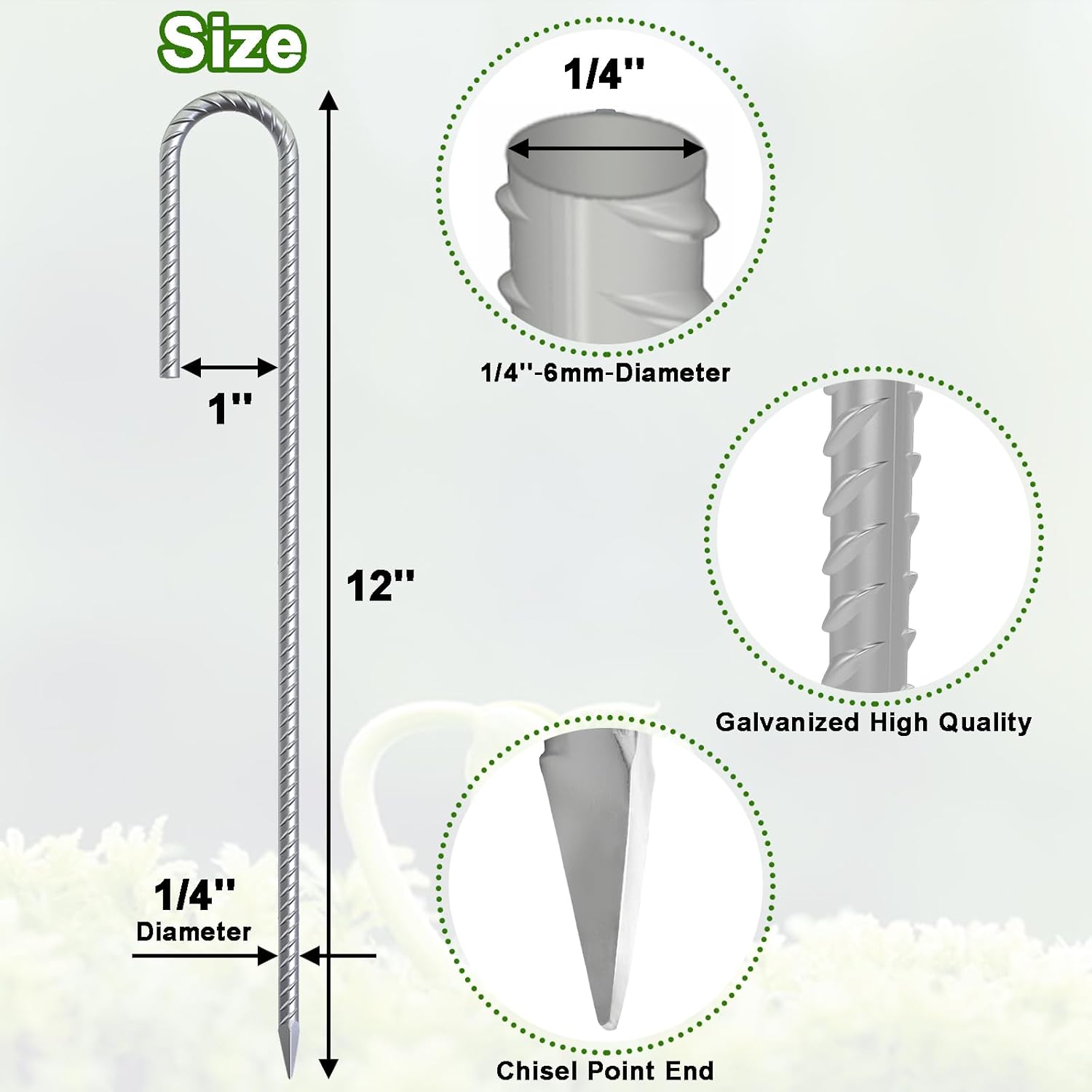 Dimension diagram of 12 inch long, 1/4 inch (6mm) diameter galvanized J hook rebar stakes with 1 inch hook width and chisel point end. These heavy duty rust-resistant ground anchors are ideal for securing tents, canopies, fencing, and outdoor equipment reliably in various ground conditions.