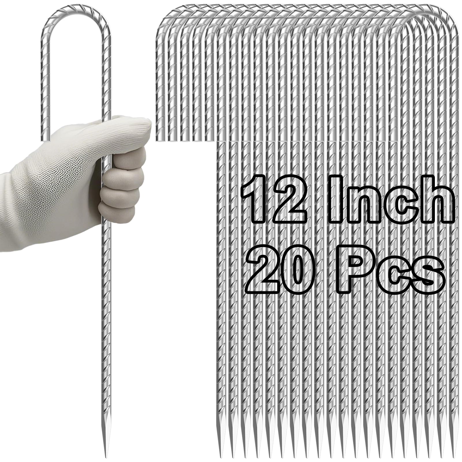 Handheld bundle of 20 pieces 12 inch galvanized J hook rebar stakes with ribbed texture and sharp pointed ends. Heavy duty rust-resistant ground anchors for securing tents, fencing, canopies, and outdoor equipment in grass, soil, and gravel.