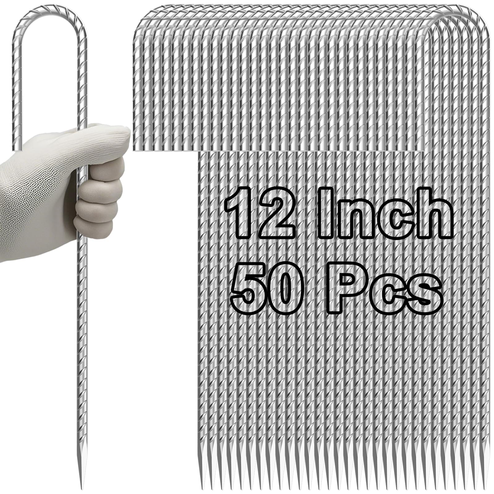 Handheld bundle display of 50 pieces 12 inch galvanized ribbed J hook rebar stakes with sharp pointed ends. These heavy duty rust-resistant ground anchors are ideal for securing tents, canopies, fencing, and outdoor equipment reliably in soil, gravel, and concrete.