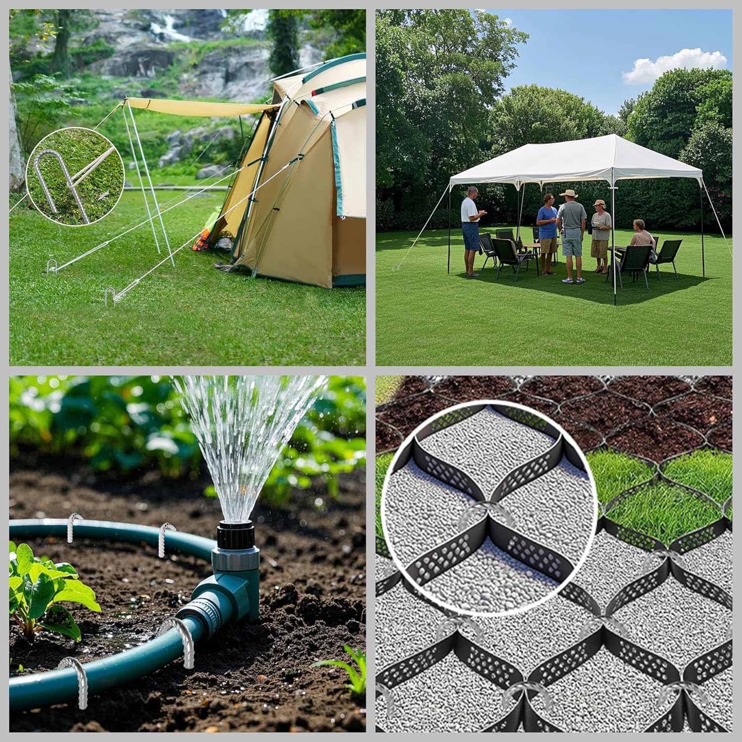 Comprehensive collage demonstrating 12 inch galvanized J hook rebar stakes securing outdoor tents, patio canopies, garden irrigation hoses, and landscape edging. These heavy duty rust-resistant ground anchors provide reliable anchoring in grass, soil, and gravel for versatile backyard and camping use.