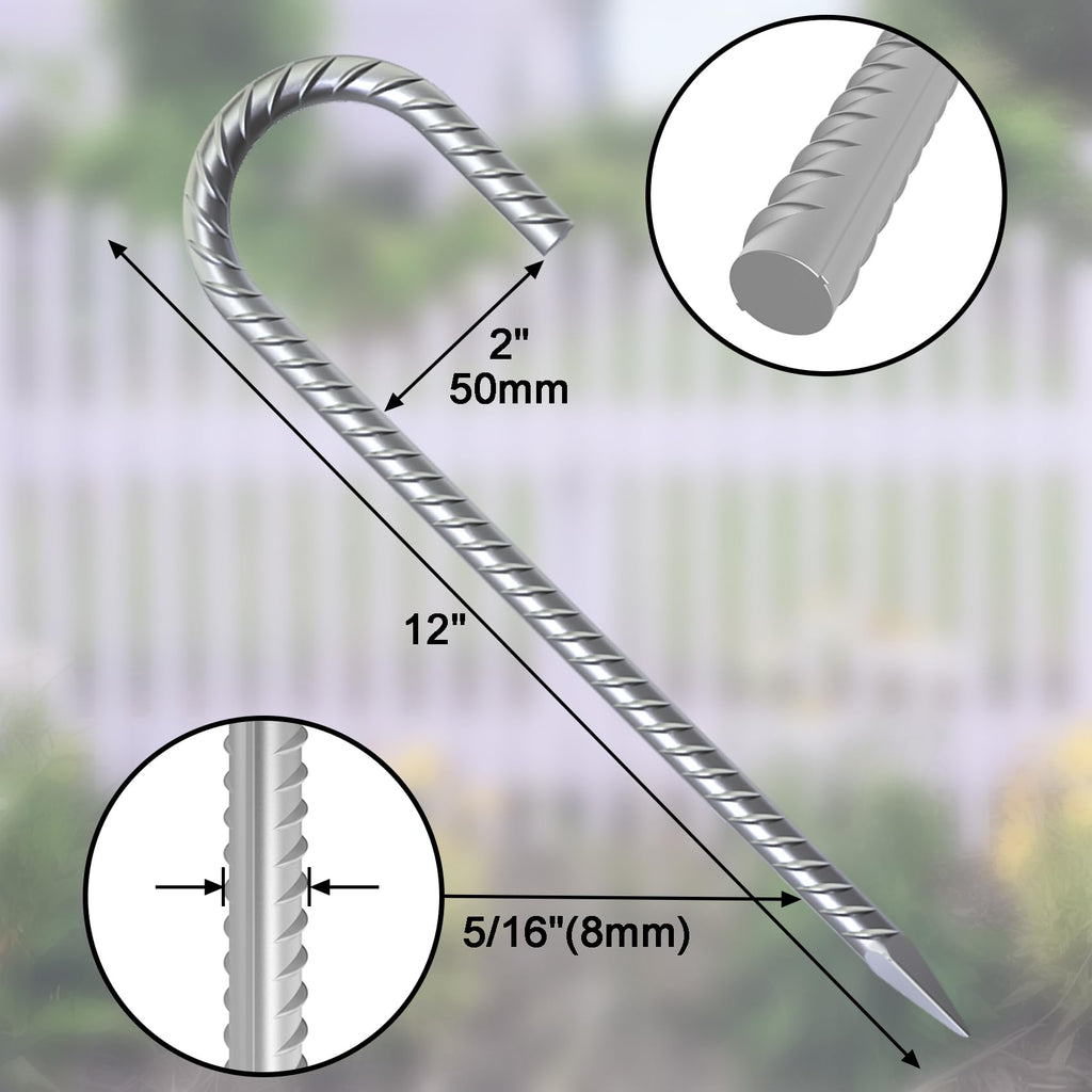 Dimension diagram of 12 inch J hook rebar stakes with 2 inch (50mm) hook width and 5/16 inch (8mm) diameter ribbed metal body, featuring a sharp pointed end. These heavy duty galvanized ground anchors are ideal for securing fences, garden beds, and outdoor equipment reliably in various ground conditions.