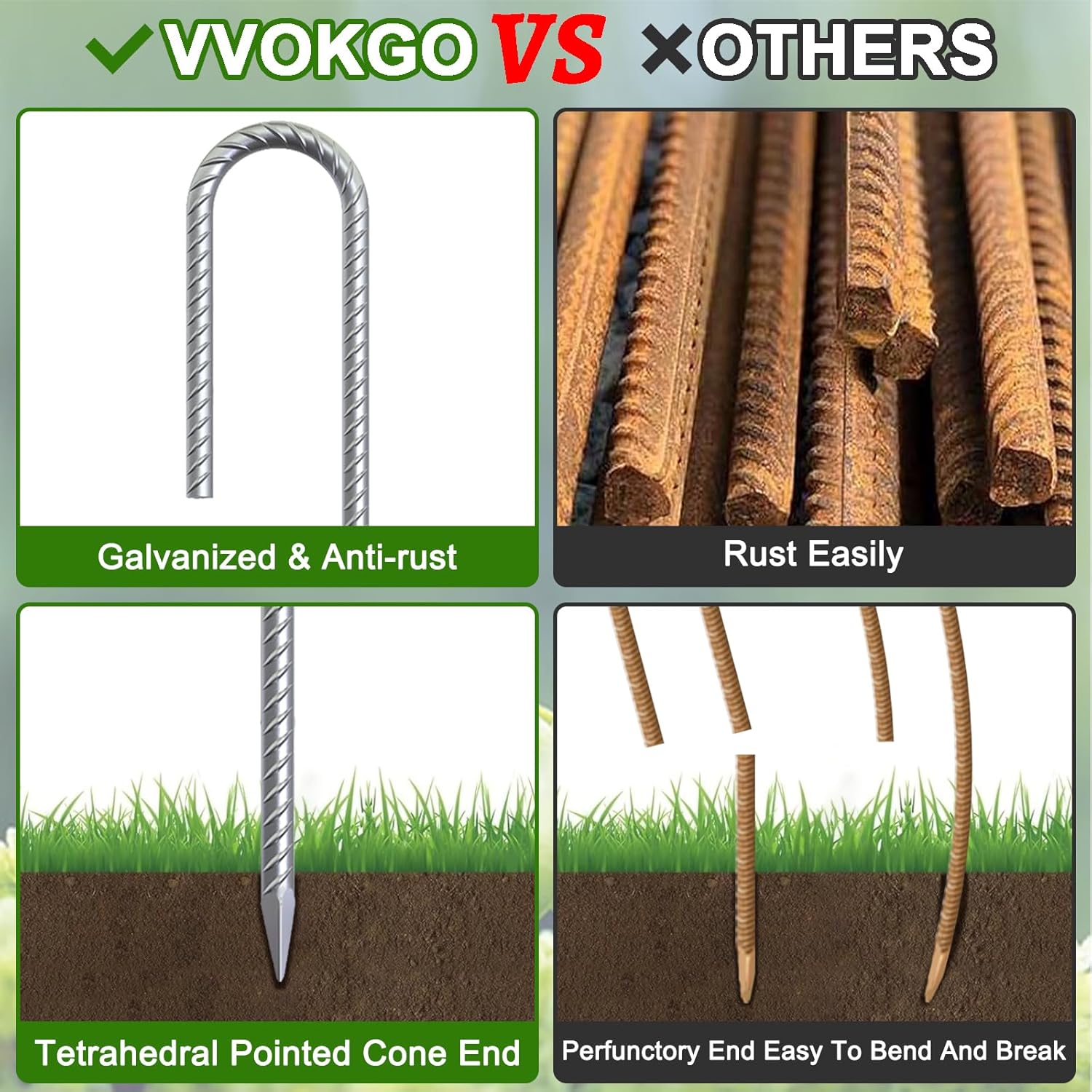 VVOKGO vs competitors 12 inch J hook rebar stakes comparison: left side features galvanized anti-rust finish and tetrahedral pointed cone end for easy installation; right side shows rust-prone, blunt-ended, easily bendable inferior alternatives. Heavy duty ground anchors for superior outdoor anchoring performance.