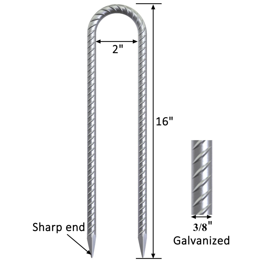 16-inch galvanized rebar trampoline anchors: U-shaped design, 3/8-inch diameter, sharp ends for easy penetration into soil