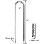 16-inch galvanized rebar trampoline anchors: U-shaped design, 3/8-inch diameter, sharp ends for easy penetration into soil