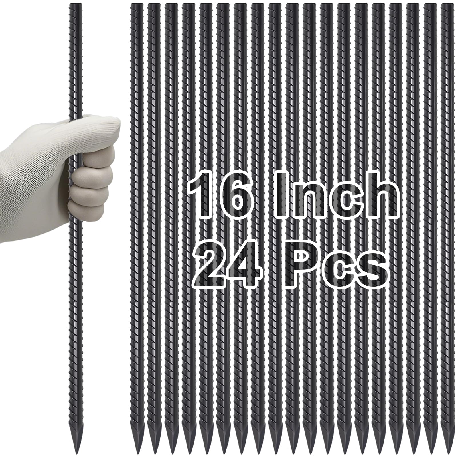 Handheld bundle display of 24 pieces 16 inch black heavy duty ribbed rebar stakes with sharp pointed ends. These rust-resistant ground anchors are ideal for securing tents, canopies, fencing, and outdoor equipment reliably in soil, gravel, and concrete.