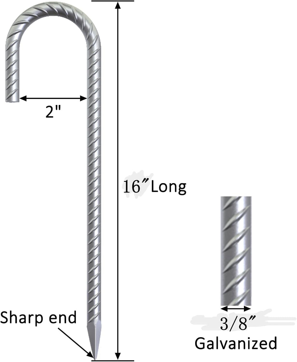 Dimension diagram of 16 inch long, 3/8 inch diameter galvanized J hook rebar stakes with 2 inch hook width and sharp pointed end, heavy duty anti rust steel ground anchors for chain link fencing, tent, and outdoor anchoring applications.