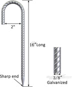 Dimension diagram of 16 inch long, 3/8 inch diameter galvanized J hook rebar stakes with 2 inch hook width and sharp pointed end, heavy duty anti rust steel ground anchors for chain link fencing, tent, and outdoor anchoring applications.