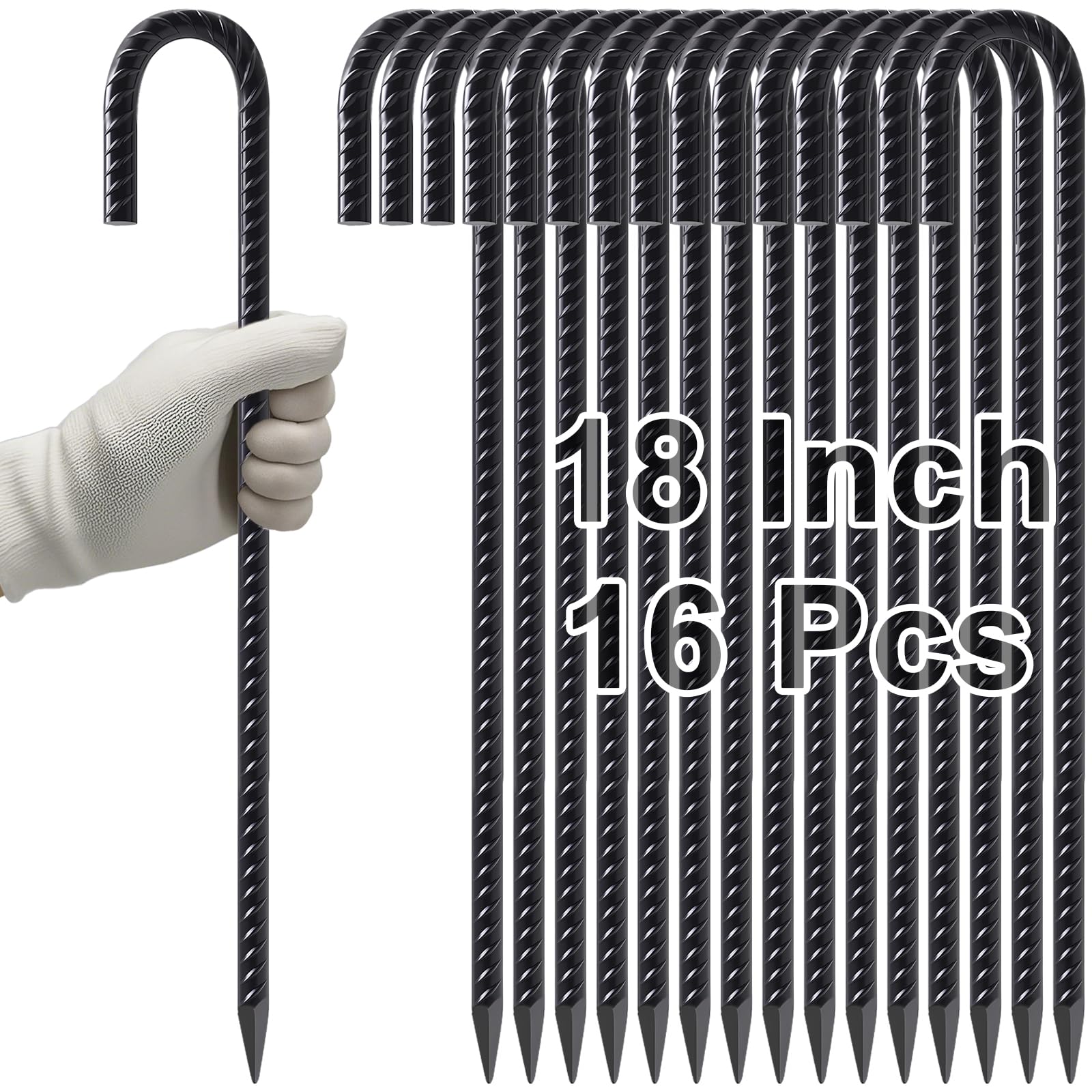 Hand-held display of 16 pieces 18 inch black heavy duty J hook rebar stakes with ribbed texture and sharp pointed ends, ideal for chain link fencing, tent anchoring, garden, and outdoor construction applications.