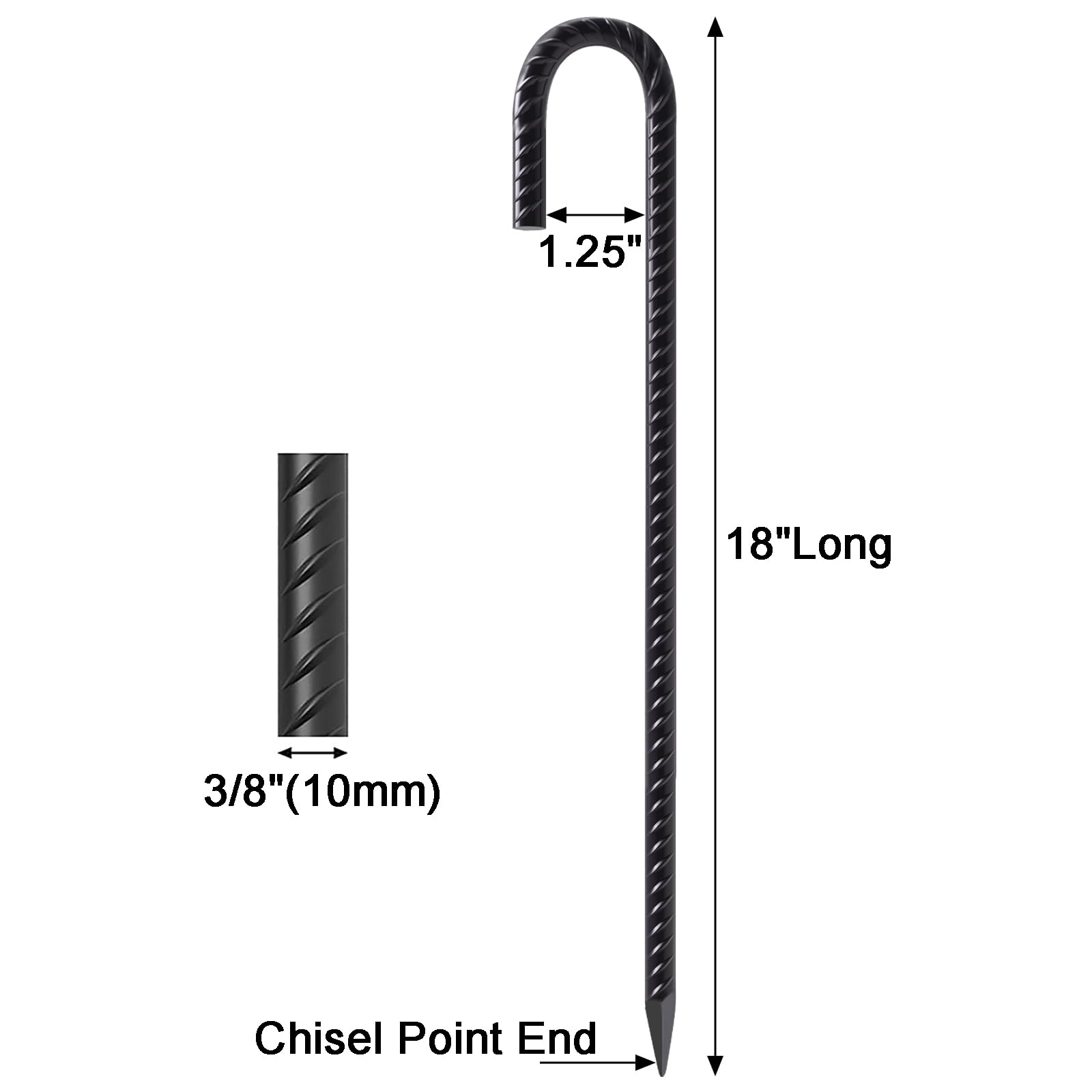 Dimension diagram of 18 inch long, 3/8 inch (10mm) diameter black J hook rebar stakes with 1.25 inch hook width and chisel point end, heavy duty anti rust ground anchors for chain link fencing, tent, and outdoor anchoring applications.
