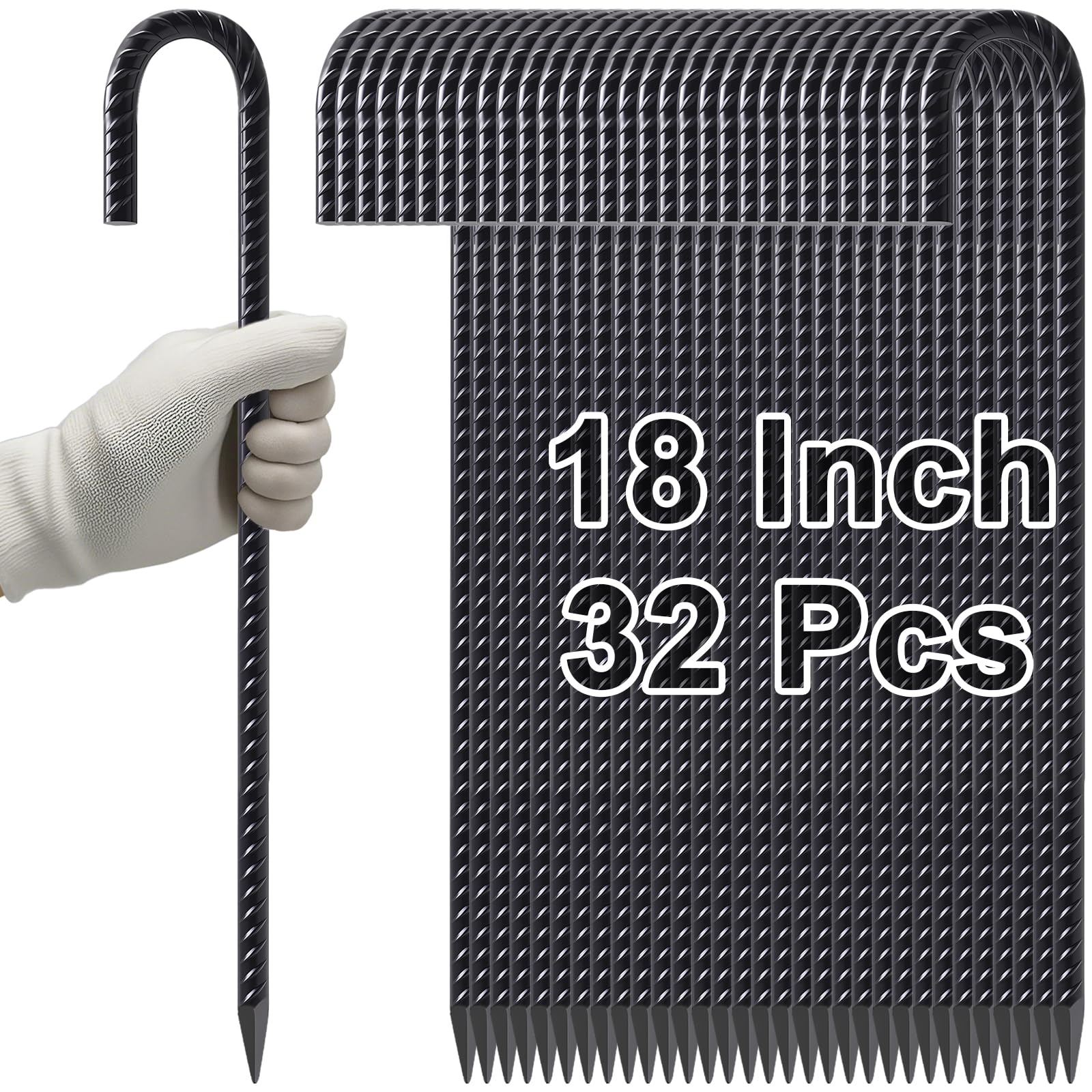 Hand-held display of 32 pieces 18 inch black heavy duty J hook rebar stakes with ribbed texture and sharp pointed ends, ideal for chain link fencing, tent anchoring, garden, and outdoor construction use.