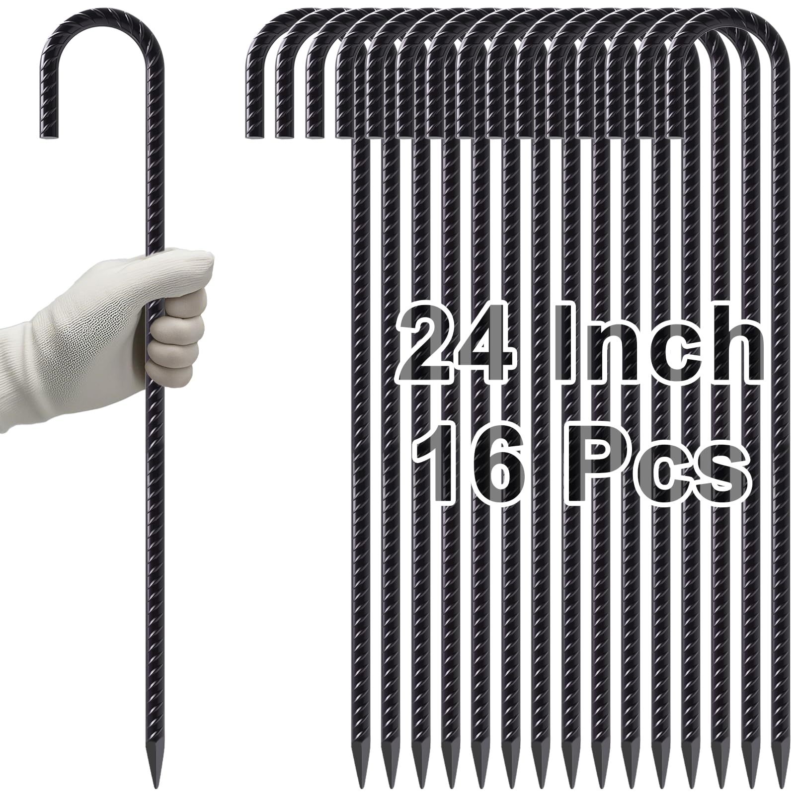Handheld bundle display of 16 pieces 24 inch black heavy duty J hook rebar stakes with ribbed texture and sharp pointed ends, rust-resistant ground anchors ideal for securing large tents, fencing, construction, and outdoor equipment.