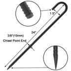 Dimension diagram of 24 inch long, 3/8 inch (10mm) diameter black J hook rebar stakes with 1.5 inch hook width and chisel point end, heavy duty anti rust ground anchors ideal for securing large tents, fencing, construction, and outdoor equipment.