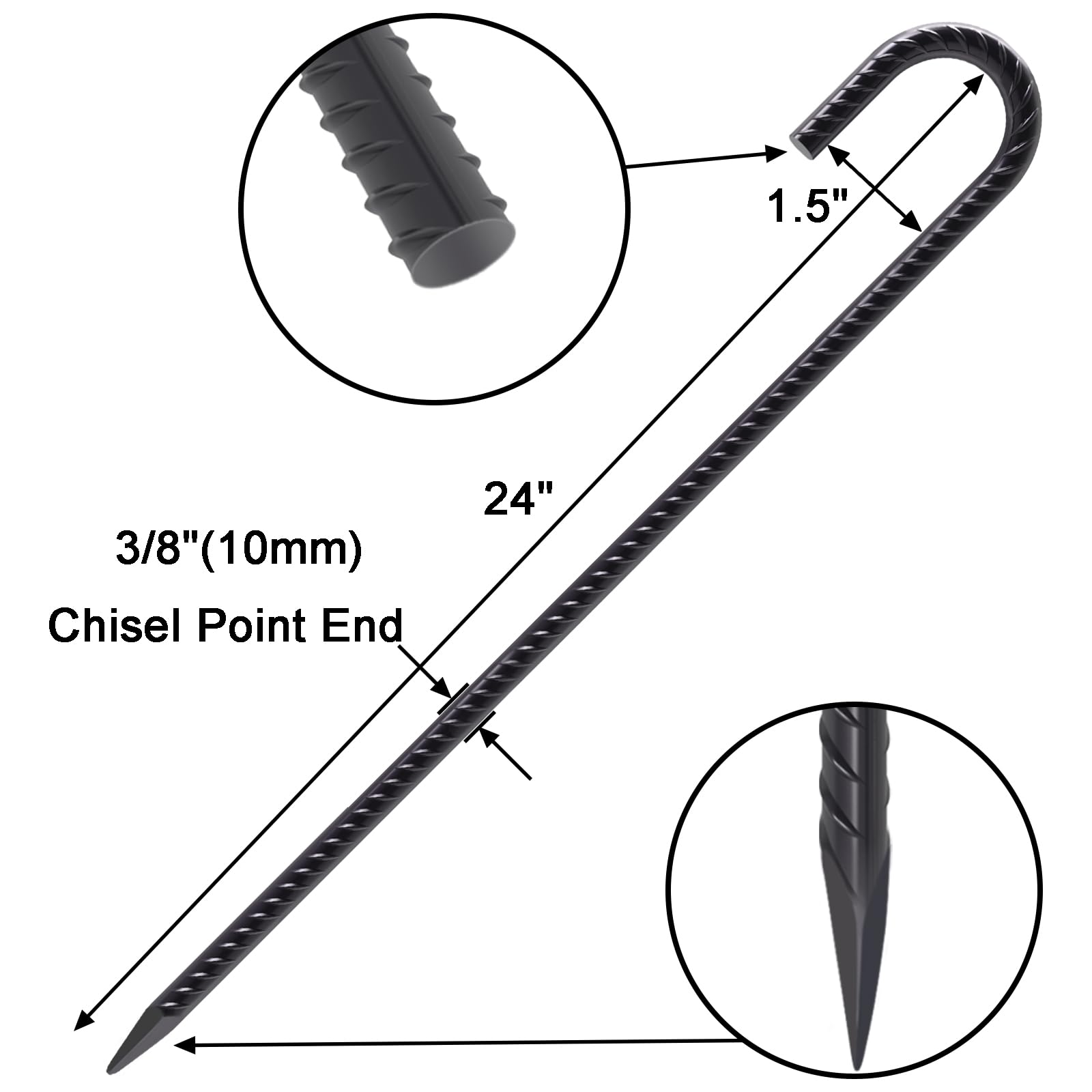 Dimension diagram of 24 inch long, 3/8 inch (10mm) diameter black J hook rebar stakes with 1.5 inch hook width and chisel point end, heavy duty anti rust ground anchors ideal for securing large tents, fencing, construction, and outdoor equipment.