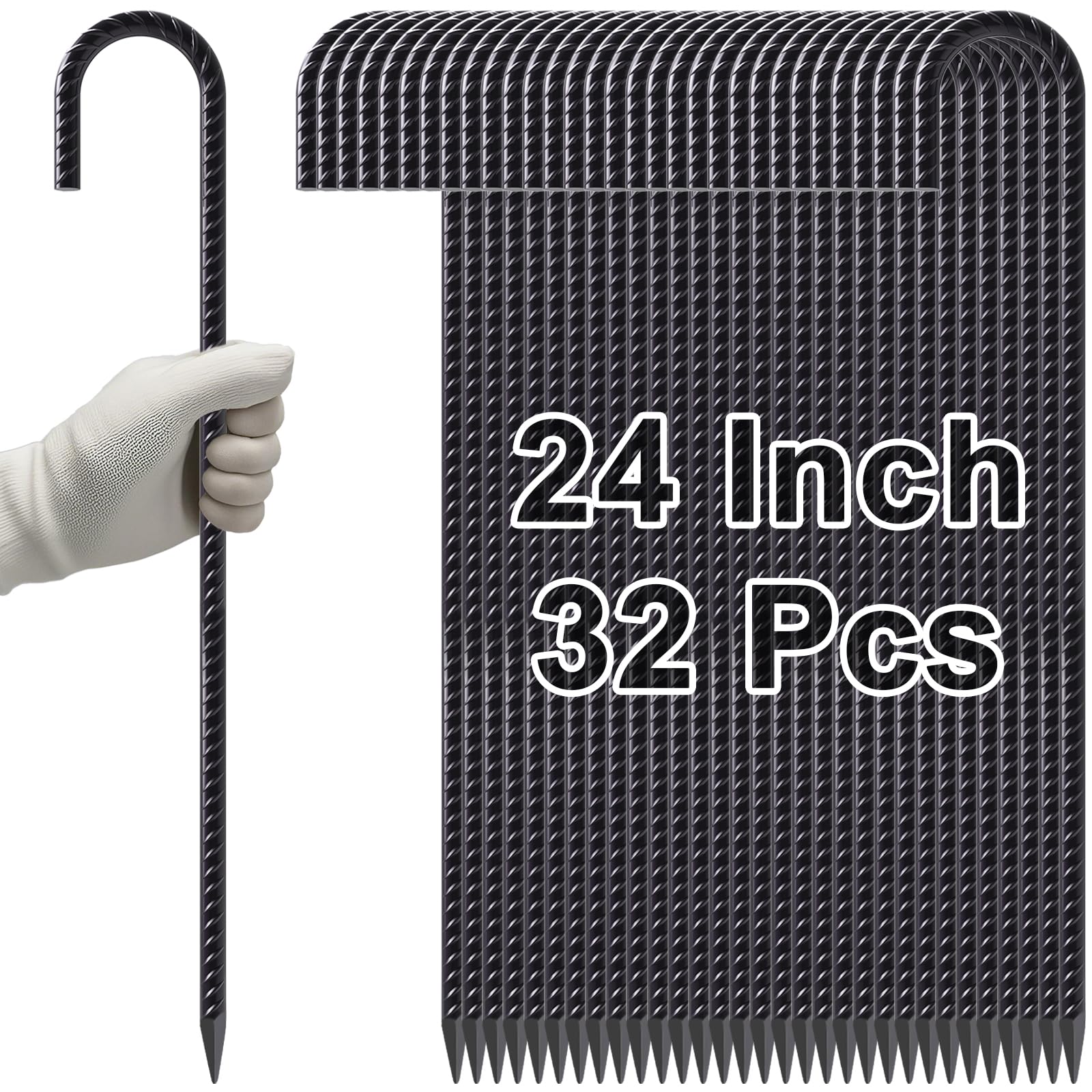 Handheld bundle display of 32 pieces 24 inch black heavy duty J hook rebar stakes with ribbed texture and sharp pointed ends, rust-resistant ground anchors ideal for securing large tents, fencing, construction, and outdoor equipment.