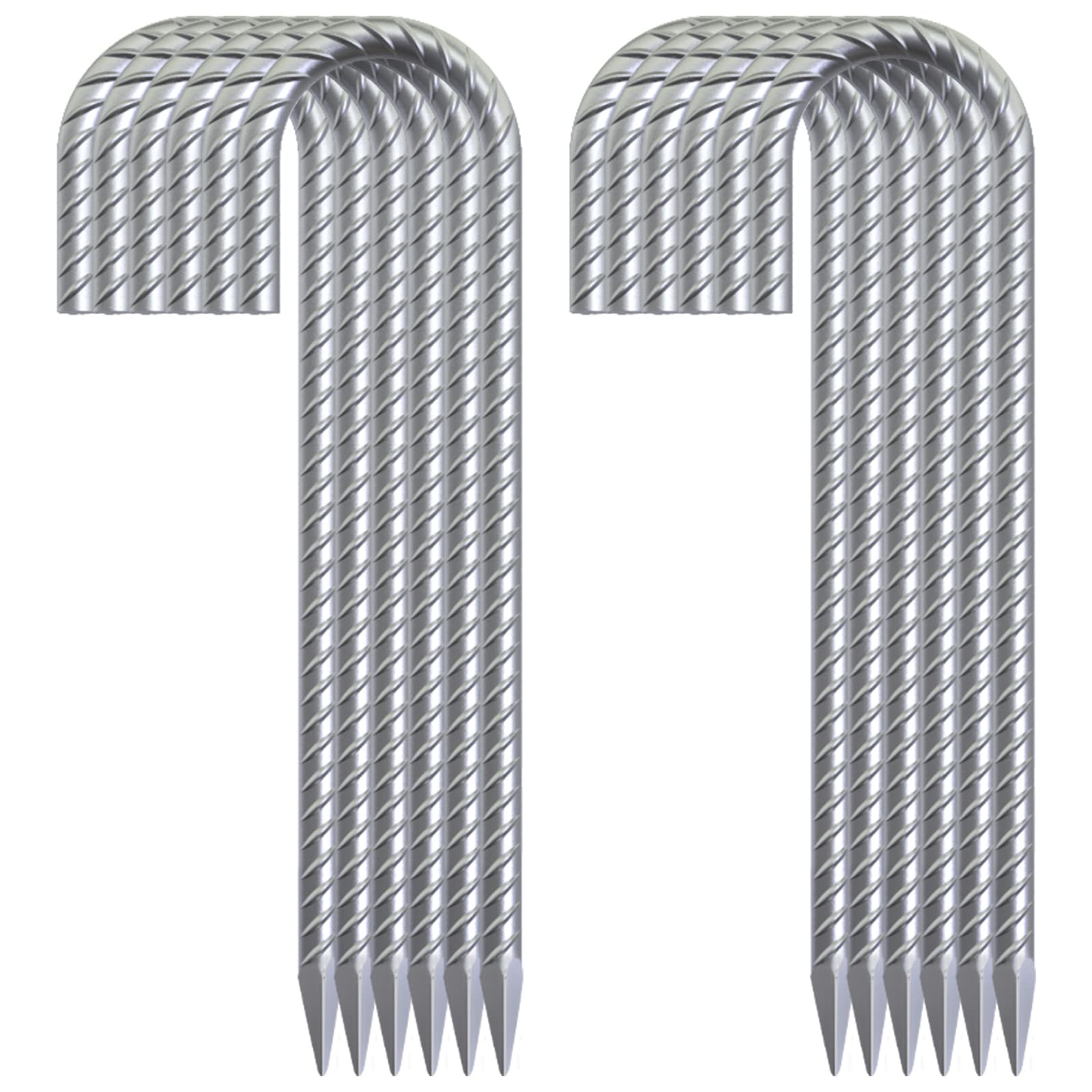28 Pack 16 inch galvanized rebar stakes, heavy duty J hook ground anchors, curved anti rust steel tent stakes with sharp pointed ends, ideal for chain link fencing, garden, camping tent, and outdoor ground anchoring applications.