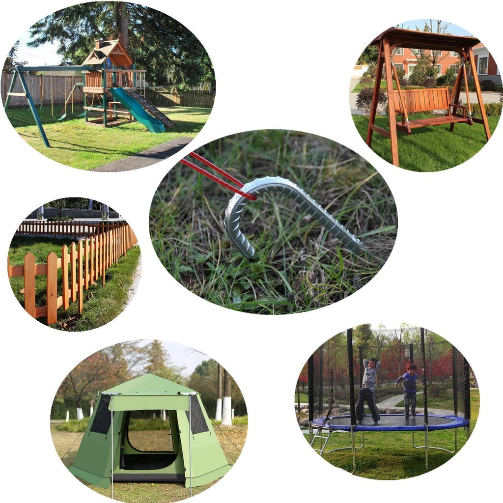 Collage of 28 Pack 16 inch galvanized J hook rebar stakes applications, including securing playgrounds, swing sets, fences, camping tents, and trampolines with heavy-duty anti-rust ground anchors