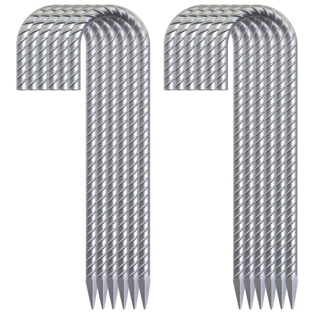 Closeup view of 28 Pack 16 inch silver galvanized J hook rebar stakes bundle, heavy-duty anti-rust steel ground anchors with sharp ends for secure outdoor anchoring