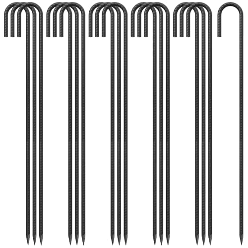 J Hook Rebar Stakes - 36 Inch, 3/8 Inch Diameter Steel Tent Stakes - Heavy Duty Chain Link Fence & Trampoline Stakes with Chisel Point End - Black (16 Pcs)