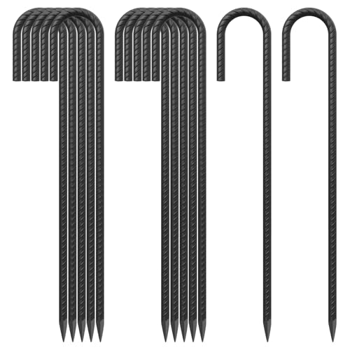 24 Inch Rebar Ground Stakes 3/8 Inch Tent Stakes Heavy Duty 12 Pack Steel Ground Anchors Chain Link Fence Stakes Trampoline Stakes with Chisel Point end for Swing Set and Camping Tent, Black