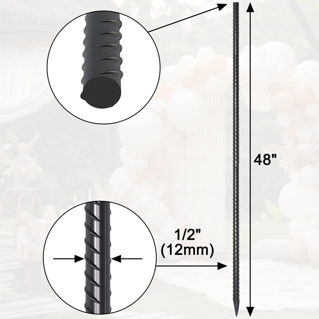 Dimension diagram of 48 inch long, 1/2 inch (12mm) diameter black ribbed rebar stakes with sharp pointed ends. These heavy duty rust-resistant ground anchors are ideal for securing large tents, canopies, fencing, and heavy construction equipment reliably in various ground conditions.
