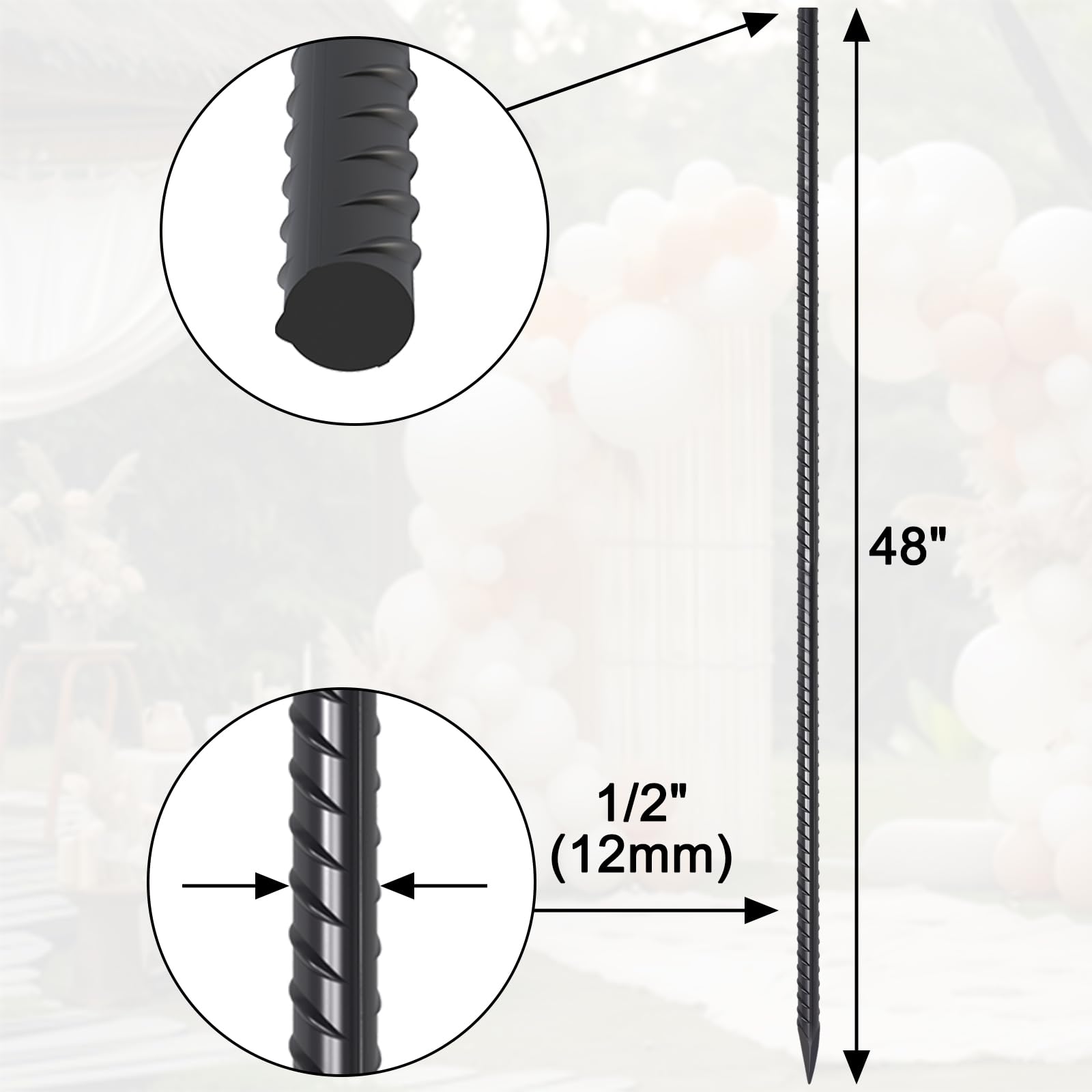 Dimension diagram of 48 inch long, 1/2 inch (12mm) diameter black ribbed rebar stakes with sharp pointed ends. These heavy duty rust-resistant ground anchors are ideal for securing large tents, canopies, fencing, and heavy construction equipment reliably in various ground conditions.