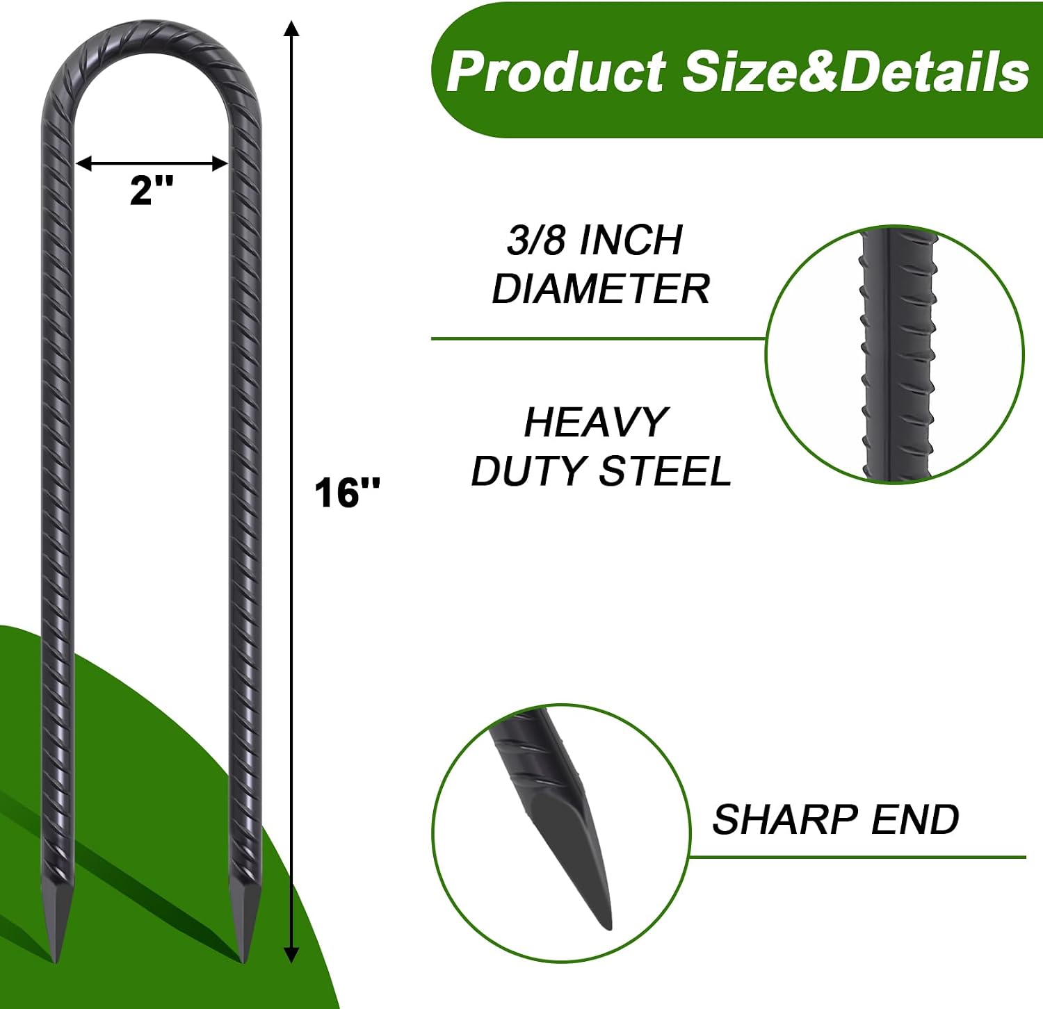 AAGUT 16 Inch Trampoline Stakes Heavy Duty, 3/8 Inch Anchors High Wind | U-shaped Rebar Stakes Black Coated Ground Trampoline Tie Downs, Trampolines Accessories for Soccer Goal, Swing Set 8 Pack