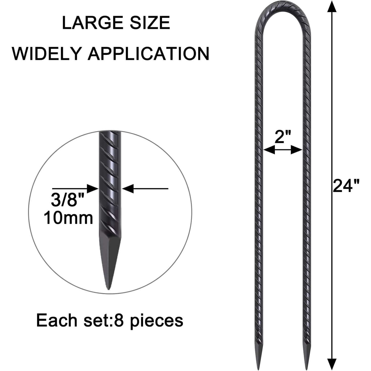 U-Shaped Trampoline Anchors, Heavy Duty Wind Stakes, 8-Pack (Black)