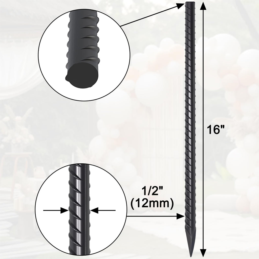 16" Heavy Duty Rebar Stakes 20-Pack | 1/2" / 3/8"Diameter Steel Ground Stakes with Chisel Point | for Concrete Forms, Landscape Timbers & Fencing
