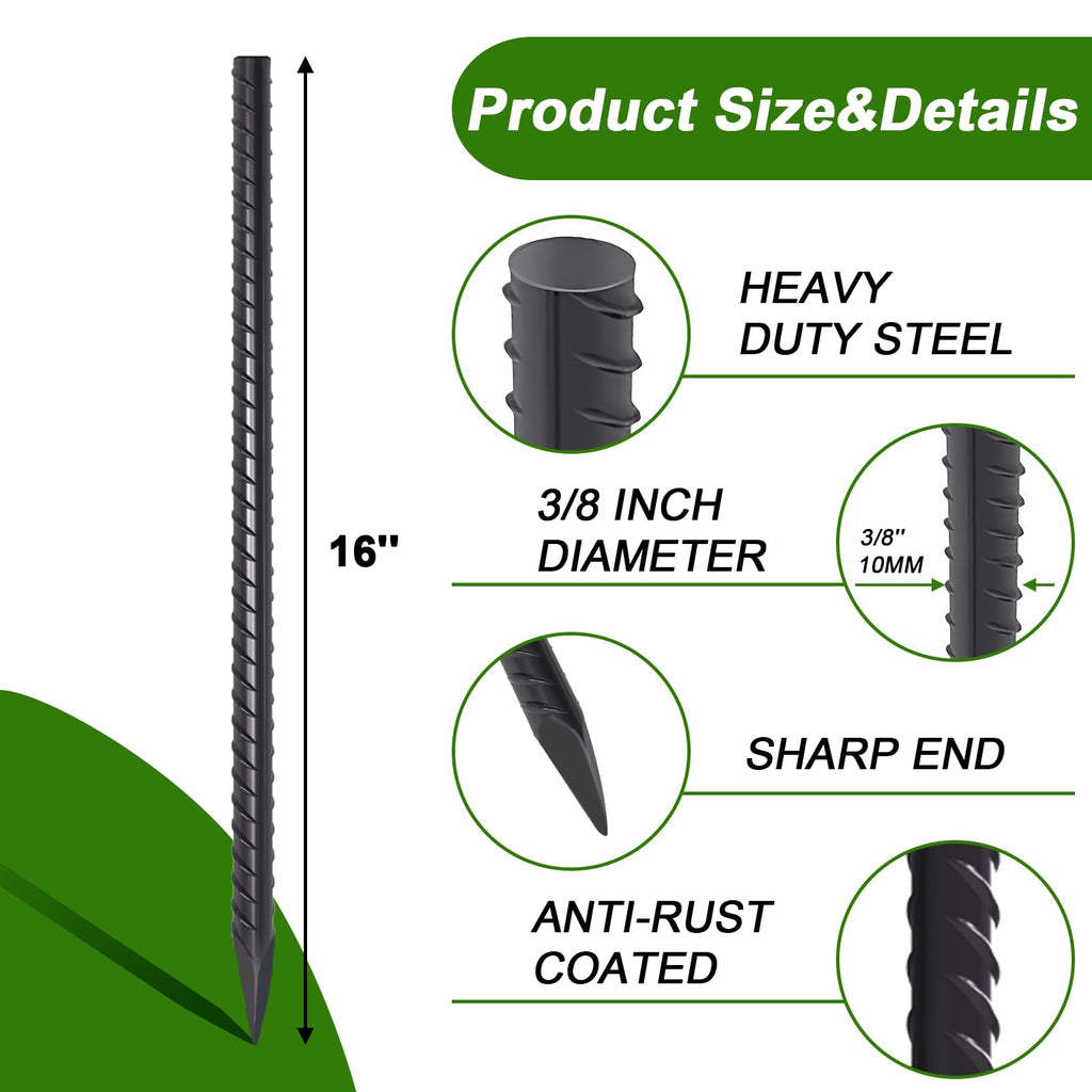 AAGUT 16-Inch Heavy-Duty Straight Rebar Stake with Black Coating