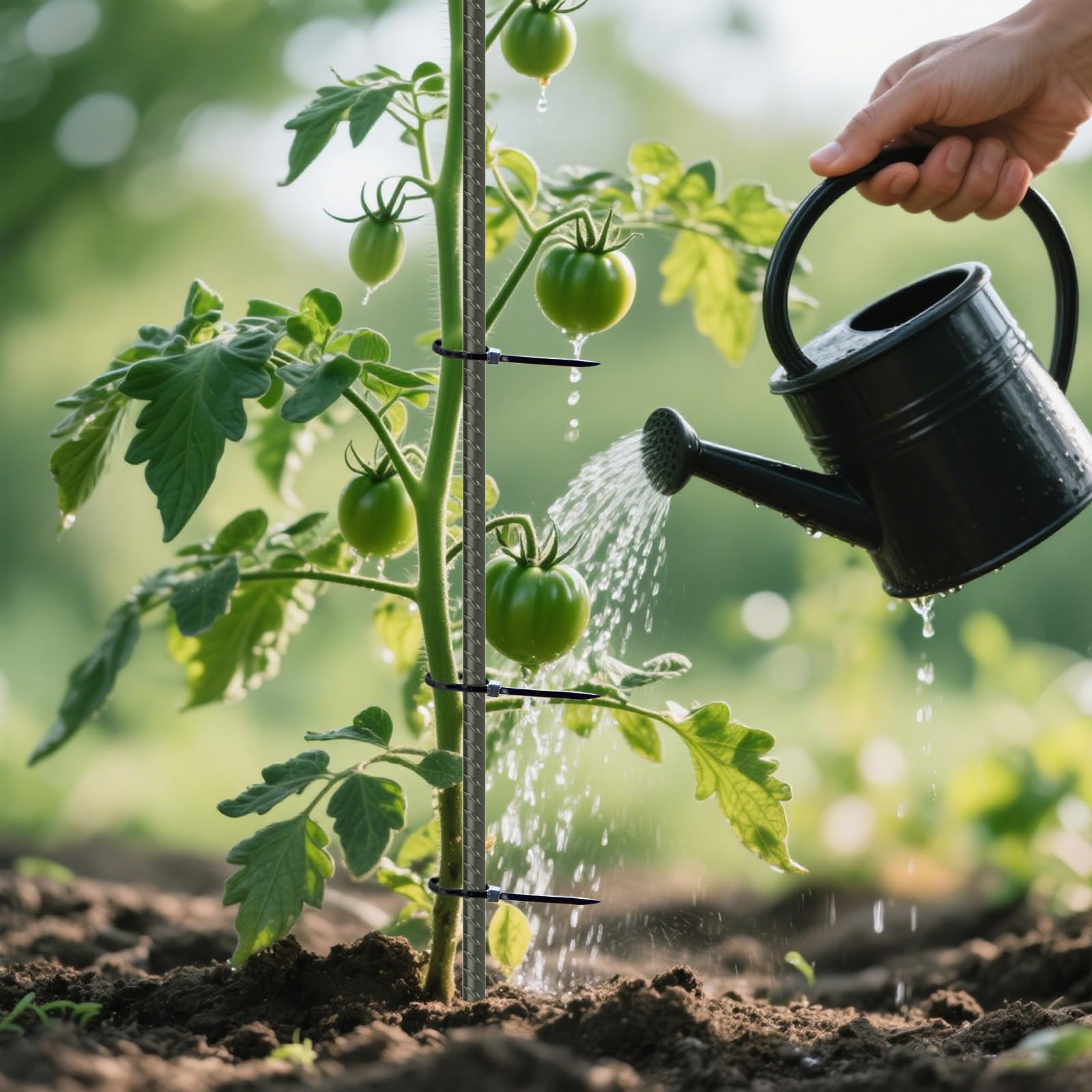 Staking and supporting a newly planted tree with sturdy 40-inch garden stakes
