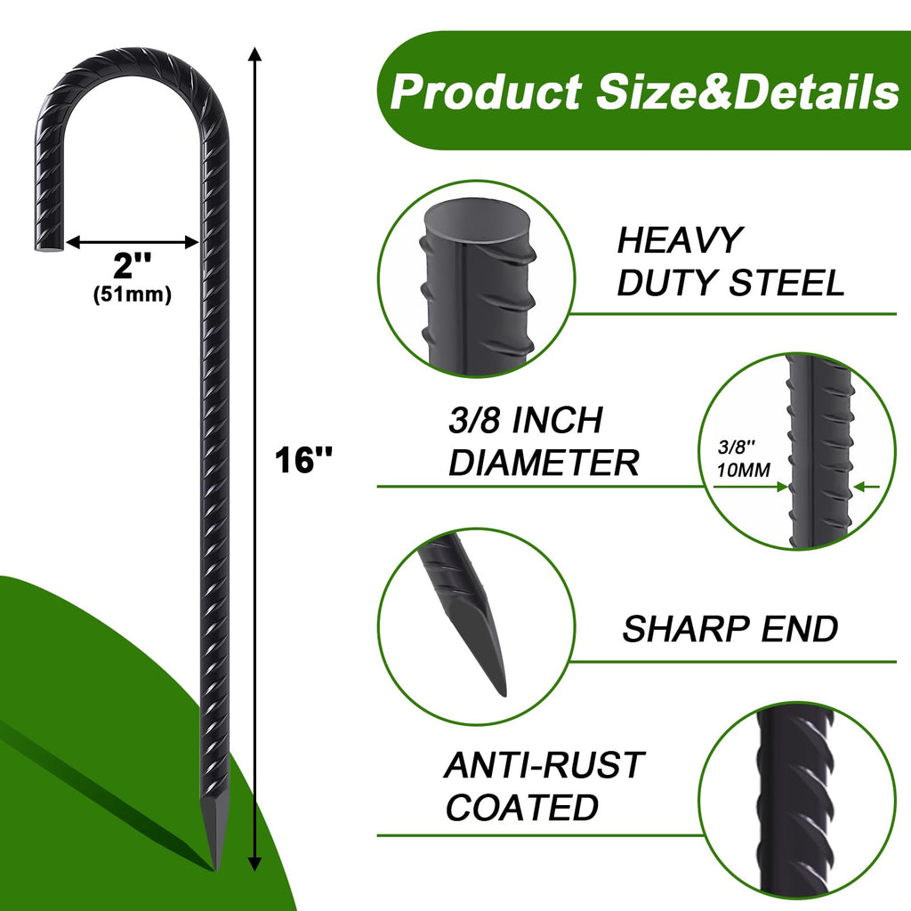 AAGUT 16-Inch Heavy-Duty J-Hook Rebar Stake with Black Powder Coating