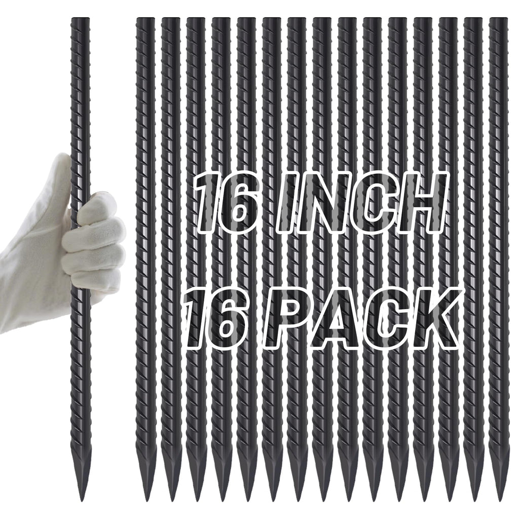 AAGUT 16-Inch 3/8" Straight Rebar Stakes | Heavy-Duty Black Coated Ground Spikes