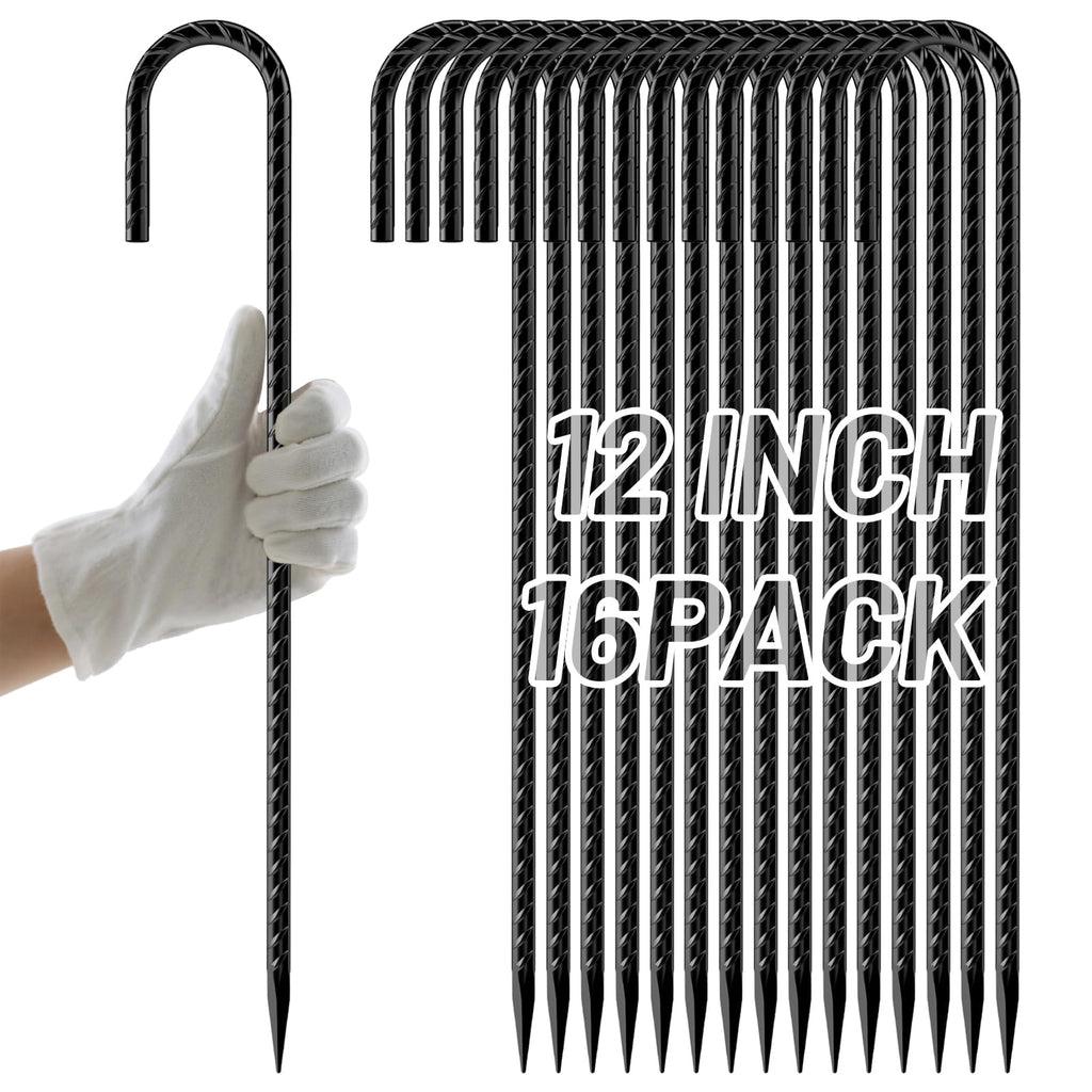 AAGUT 12-Inch Black J-Hook Rebar Stakes, heavy duty ground anchors with rust-resistant coating