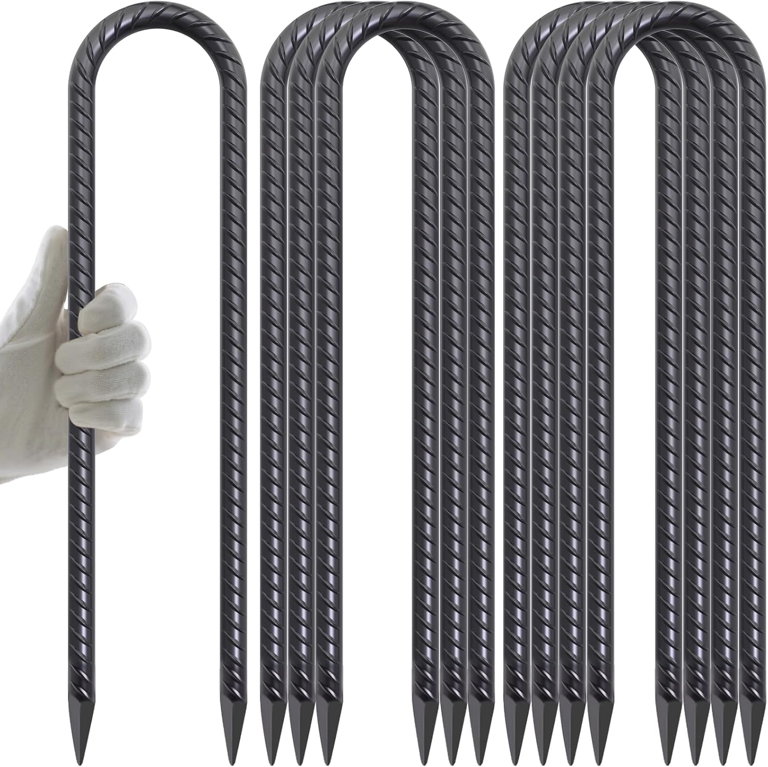 AAGUT 16 Inch Trampoline Stakes Heavy Duty, 3/8 Inch Anchors High Wind | U-shaped Rebar Stakes Black Coated Ground Trampoline Tie Downs, Trampolines Accessories for Soccer Goal, Swing Set 8 Pack