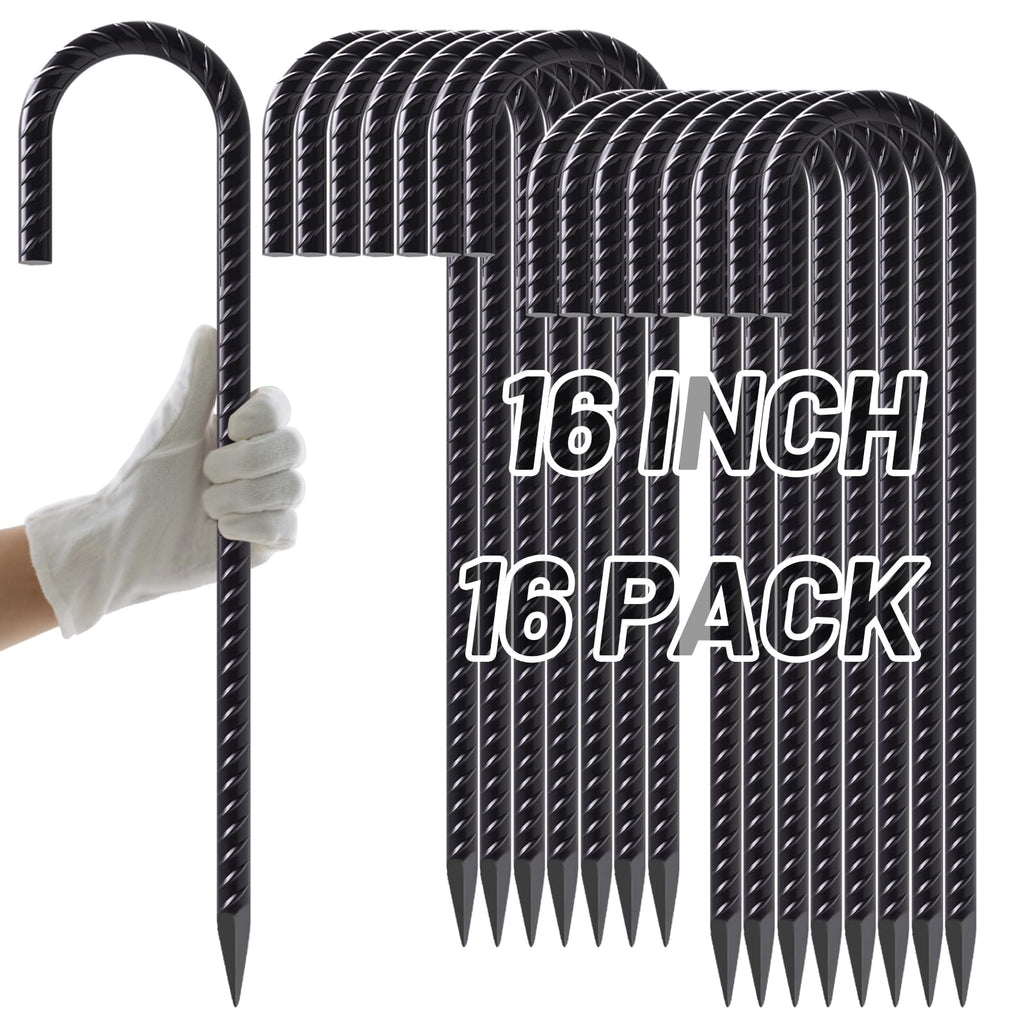 AAGUT 16-Inch Heavy-Duty J-Hook Rebar Stake with Black Powder Coating