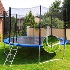 Securing trampoline with black J-hook rebar stakes in outdoor setting