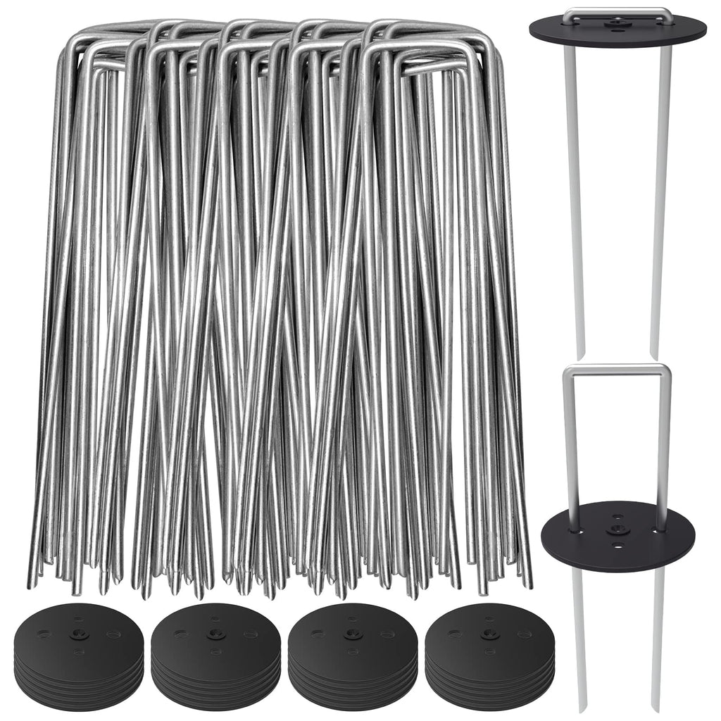 Pack of 200 heavy duty 11-gauge steel landscape staples with round plastic washers, anchoring landscape fabric on gravel ground.