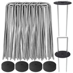 Pack of 200 heavy duty 11-gauge steel landscape staples with round plastic washers, anchoring landscape fabric on gravel ground.