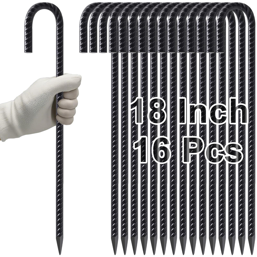 VVOKGO Rebar Stakes 18 Inch J Hook Heavy Duty Ground Anchors, 3/8" Diameter Metal Steel Extra Long Fence Stakes with Chisel Point End for Greenhouse, Gazebo, Carport, Camping Tents, Black