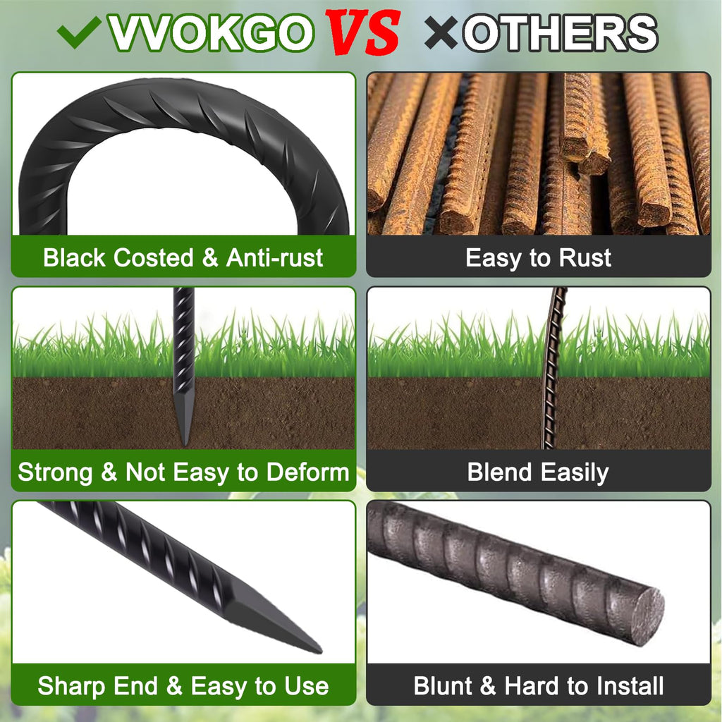 VVOKGO Rebar Stakes 18 Inch J Hook Heavy Duty Ground Anchors, 3/8" Diameter Metal Steel Extra Long Fence Stakes with Chisel Point End for Greenhouse, Gazebo, Carport, Camping Tents, Black