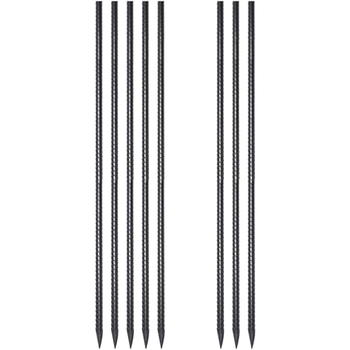 Bundle of 8 pieces black heavy duty ribbed rebar stakes with sharp pointed ends. These rust-resistant ground anchors provide reliable anchoring for tents, fencing, garden beds, and construction projects.
