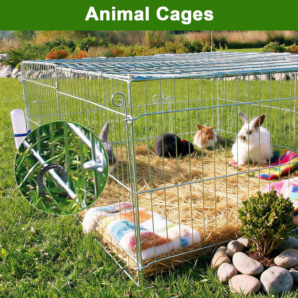 Securing animal cages with black J-hook rebar stakes in outdoor setting