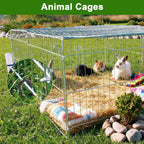 Securing animal cages with black J-hook rebar stakes in outdoor setting