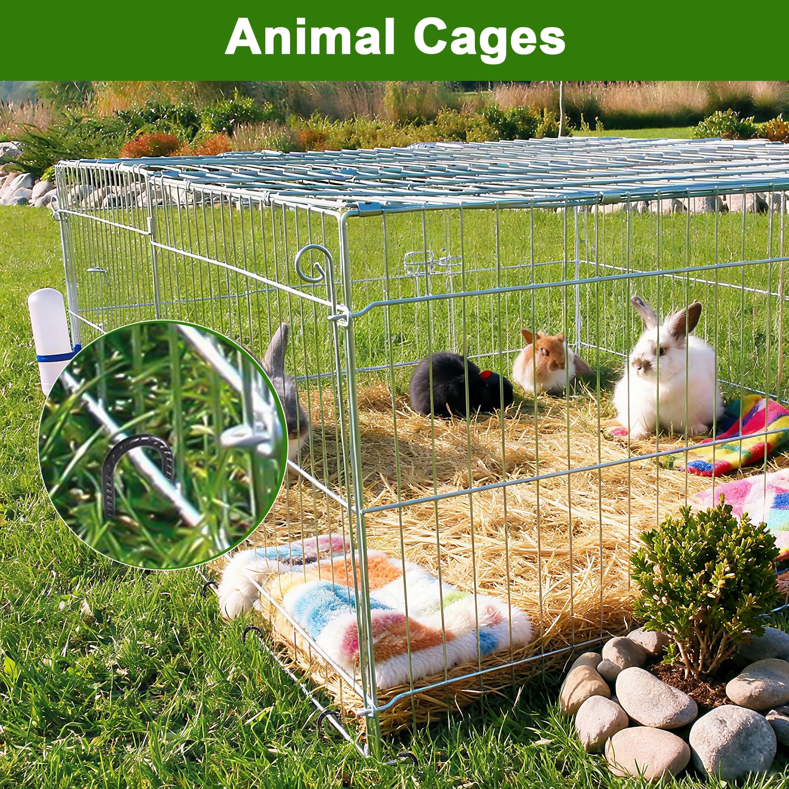 Securing animal cages with black J-hook rebar stakes in outdoor setting