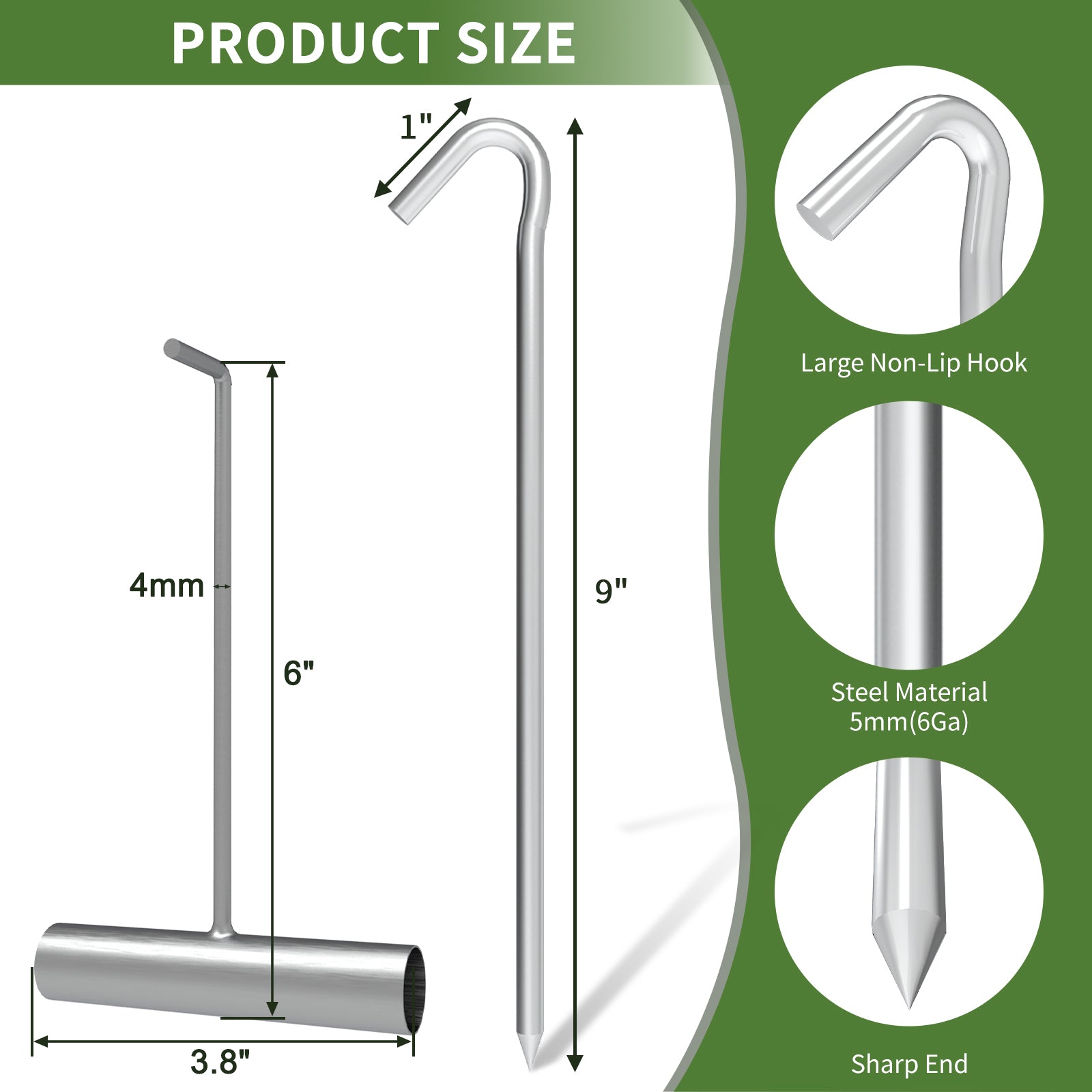 Product size diagram of 9 inch J hook ground stakes with handle, featuring large non-lip hook, 5mm steel material, and sharp pointed end, ideal for securing tents, canopies, and outdoor equipment.