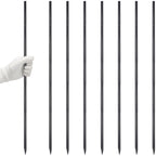 Hand-held display of black heavy duty straight rebar stakes with ribbed texture and sharp pointed ends, ideal for construction, concrete forming, and outdoor ground anchoring applications.