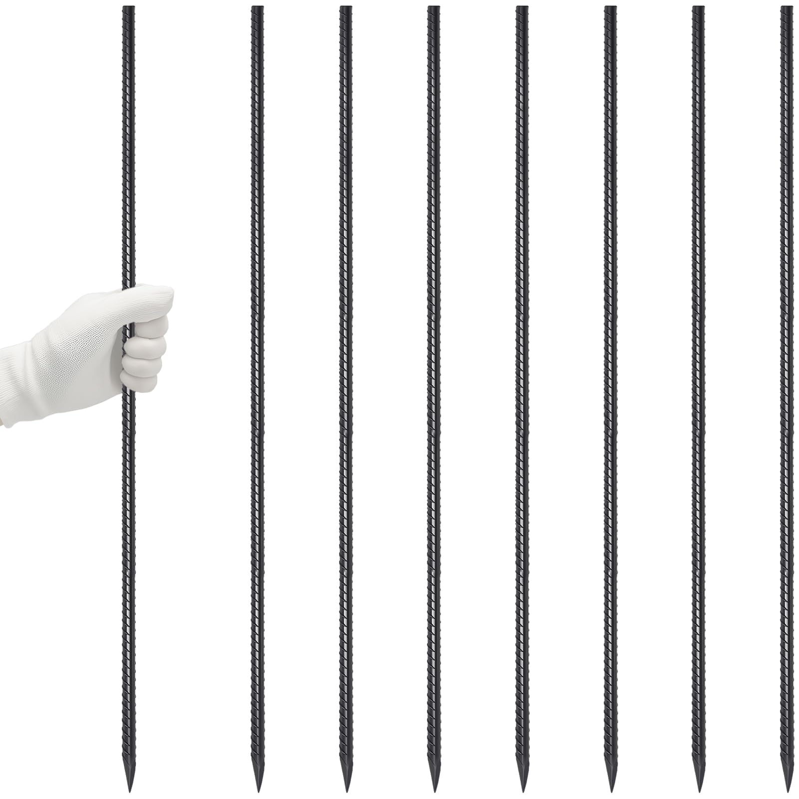 Hand-held display of black heavy duty straight rebar stakes with ribbed texture and sharp pointed ends, ideal for construction, concrete forming, and outdoor ground anchoring applications.
