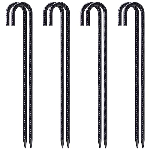 8 pieces of black heavy duty J hook rebar stakes with ribbed texture and sharp pointed ends, ideal for securing tents, canopies, fencing, and outdoor equipment. These rust-resistant ground anchors provide reliable anchoring in soil, gravel, and concrete.